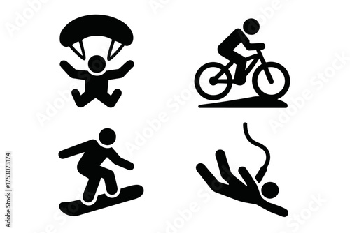 Adventure sport icons: parachuting, cycling, snowboarding, bungee jumping silhouettes