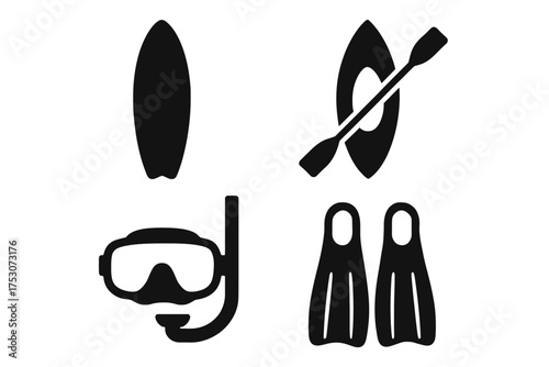 Surfboard, kayak, snorkel mask, flippers - water sports icons set