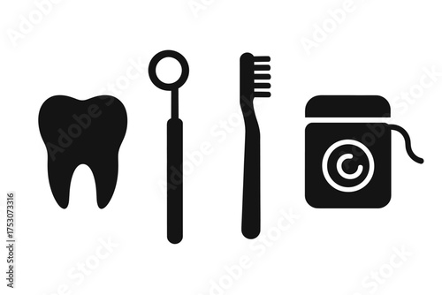 Dental care icons: tooth, mirror, toothbrush, floss on white background