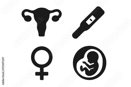 Female health symbols: uterus, pregnancy test, gender sign, fetus icon set