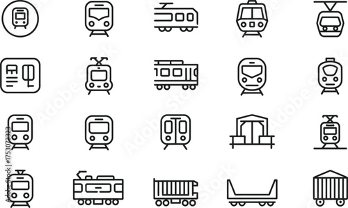 Various train icons isolated on white background showcasing diverse railway transportation