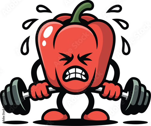 Red pepper character lifting weights with effort green black