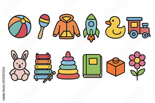 Colorful toys collection featuring beach ball, rocket, train, and more