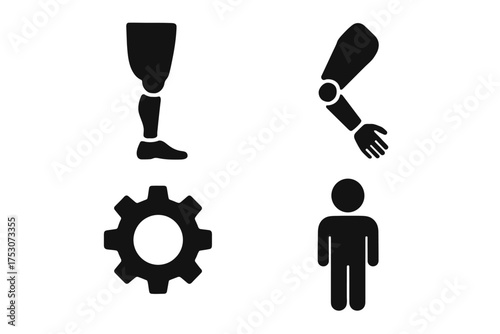 Prosthetic limbs and human figure icons with gear symbol on white background