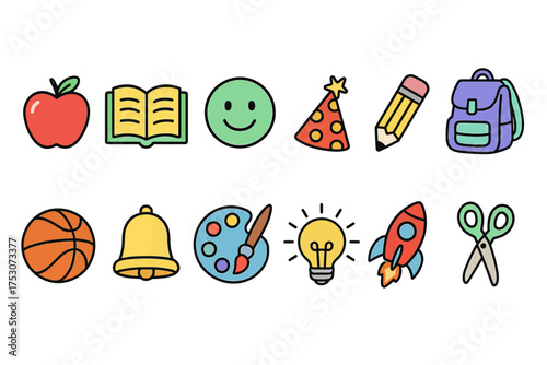 Colorful school icons: apple, book, smiley, party hat, pencil, backpack, basketball, bell, paint palette, lightbulb, rocket, scissors