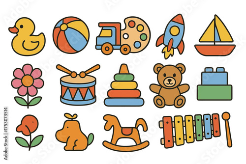 Colorful assortment of children's toys including duck, rocket, and teddy bear