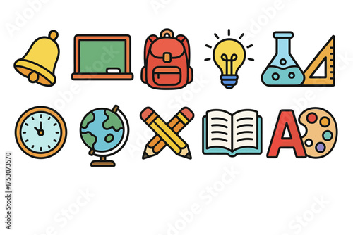 Colorful school icon set: back to school supplies and learning tools