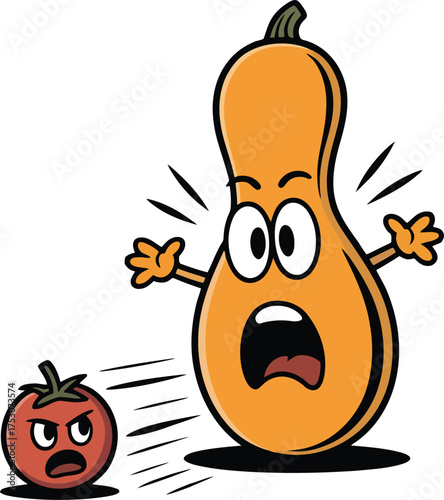 Scared squash chased by angry tomato cartoon food