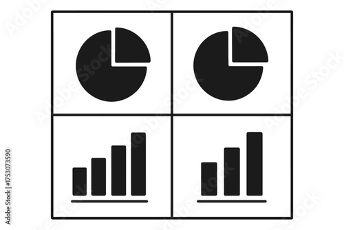 Black pie and bar charts in grid layout representing data visualization