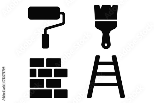 Silhouette icons of paint roller, paintbrush, brick wall, and ladder for construction and diy