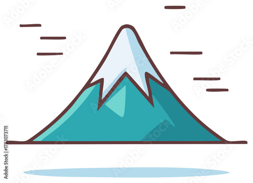 Stylized snow capped mountain peak with stylized clouds and reflection