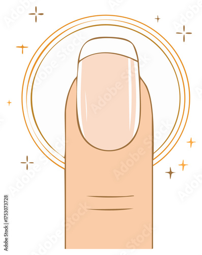 Close-up of a perfectly manicured fingernail with a French tip surrounded by golden sparkles and a ring