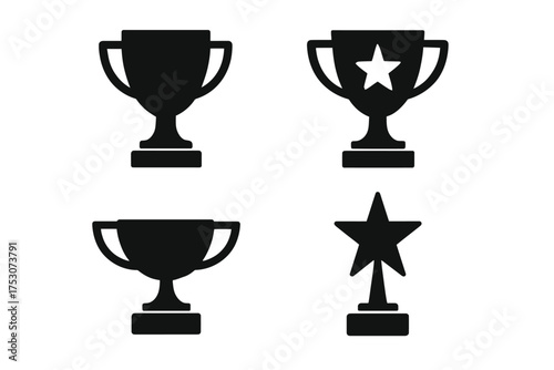 Set of trophy and star icons in black silhouettes for awards and achievements