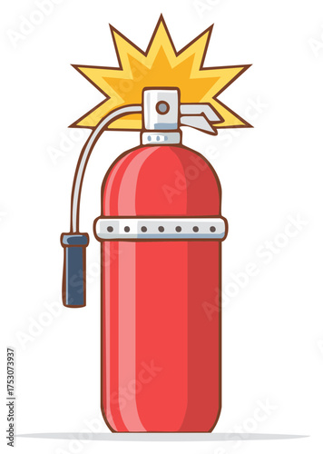 Cartoon red fire extinguisher with a starburst icon representing an emergency
