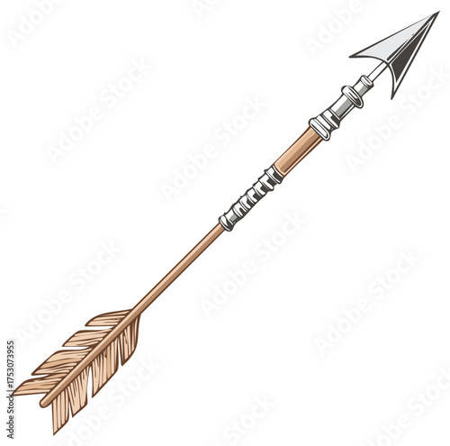 Detailed traditional arrow illustration with sharp metal arrowhead and rustic wooden fletching