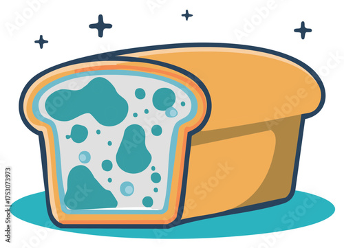 Illustration of a moldy bread loaf with green fungi growth showing food spoilage and decay