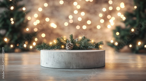 Empty round concrete podium on wooden table with fir tree branches covered with snow and blurred christmas lights in the background, creating a festive scene for product presentation