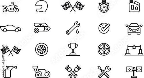 Line art illustration showcasing a variety of racing and automotive themed icons isolated on white background