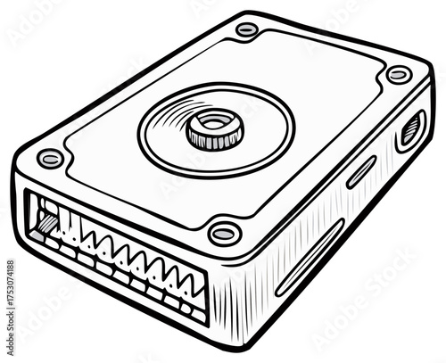 Retro computer hard disk drive line art illustration