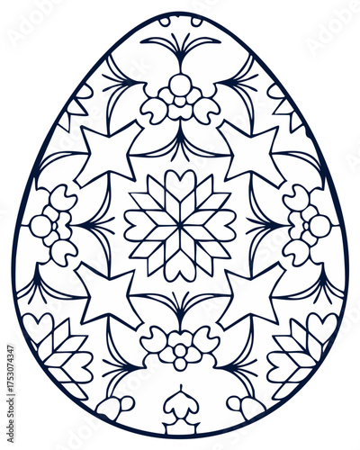 Easter egg coloring page with a traditional floral and star folk art pattern