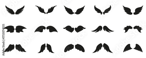 Mythical And Angelic Wings Solid Icon Set. Variety Of Wing Designs Symbolizing Fantasy, Freedom And Flight Elements. Silhouette Symbol Collection. Isolated Vector Illustration