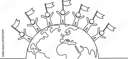 Continuous line drawing of people around the world with flags isolated on white background