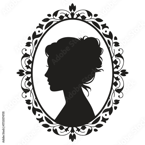 Ornate oval frame with woman s silhouette