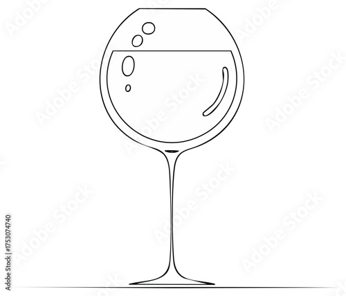 Minimalist line art illustration of an elegant wine glass filled with liquid and small bubbles