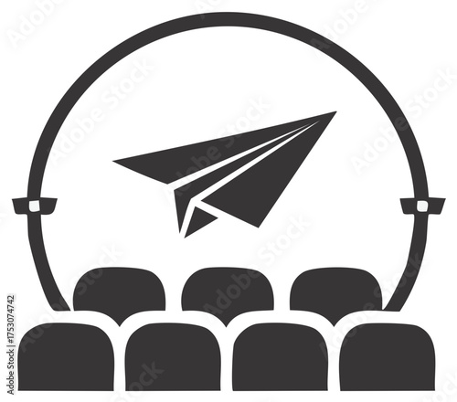 Film festival and movie theater concept featuring paper airplane flying over rows of theater seats for cinema experience