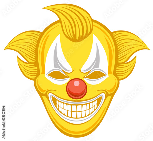Creepy yellow clown face with a big grin and red nose