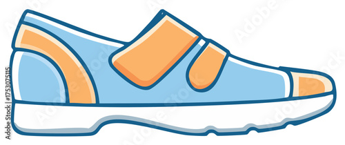 Cartoon Light Blue Sneaker with Orange Velcro Straps and White Sole Simple Illustration