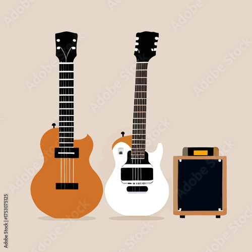 Two guitars and an amplifier illustration.