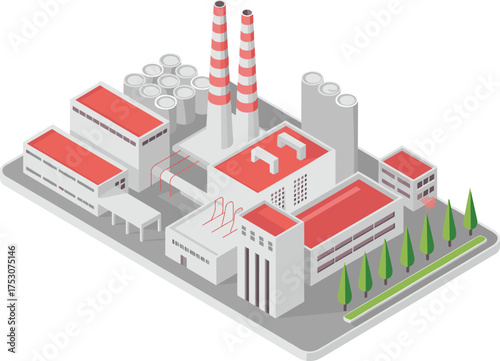 Isometric 3D illustration of modern industrial factory with storage tanks, chimneys, and energy plant infrastructure in clean design