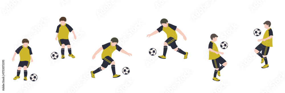 Φωτογραφία フラットイラスト　サッカーをする少年　イエローユニフォーム　全身