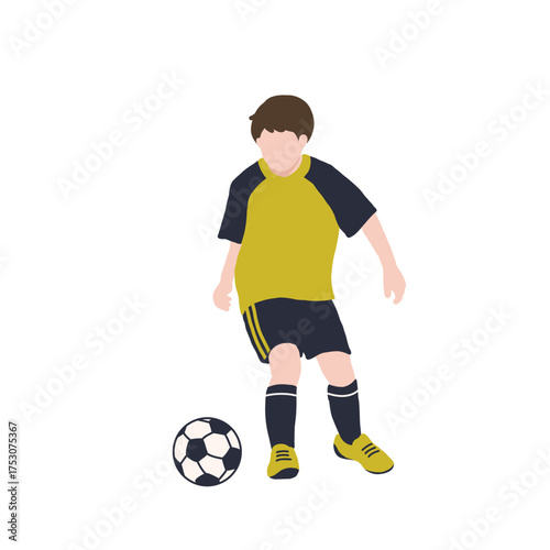 フラットイラスト　サッカーボールを蹴ろうとしている少年　イエローユニフォーム　全身
