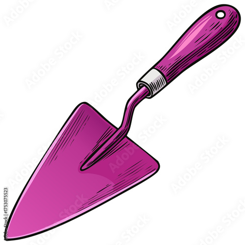 Illustration of purple hand trowel gardening tool with handle and metal scoop for transplanting plants