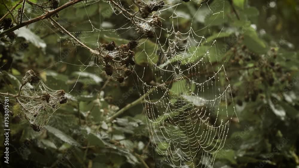Glistening spider web hanging on dark forest branches in haunted morning mist. Magical fog creating dreamy illusion, Ghost Festival. Shimmering cobweb weaving enchanted pattern among shadowy leaves in