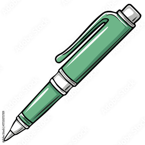 Illustration of a mint green ballpoint pen featuring silver accents and a black outline on white