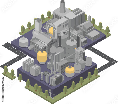 Isometric 3D illustration of modern industrial refinery complex with storage tanks, pipelines, and power plant infrastructure design concept