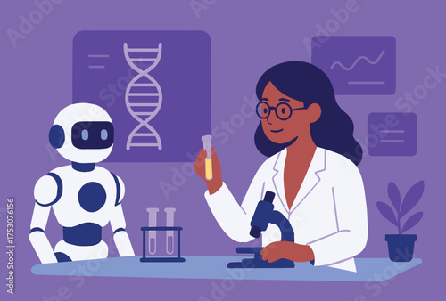 Flat illustration of female scientist working with robot in futuristic medical laboratory using AI technology for DNA research, biotechnology and innovation concept