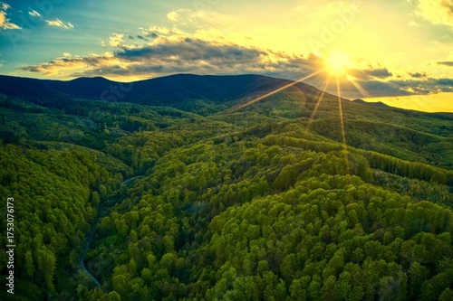 Discover breathtaking mountain vistas with lush green forests bathed in the warm glow of the setting sun, perfect for adventure travel campaigns and inspiring landscape photography collections