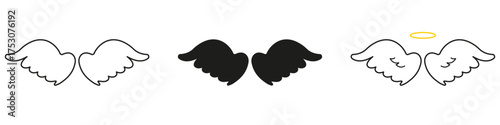 Angel Wings With Halo Line And Solid Icon Set. Spirituality, Protection, And Guardian Symbol Outline And Silhouette Symbol Collection. Isolated Vector Illustration