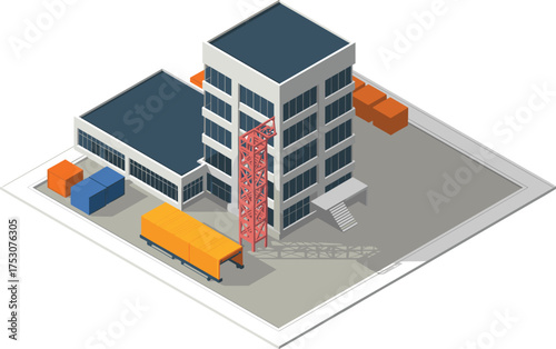 Modern warehouse logistics building with cargo containers, loading dock, and crane in minimalist isometric 3D industrial illustration design concept