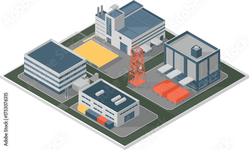Modern warehouse logistics building with cargo containers, loading dock, and crane in minimalist isometric 3D industrial illustration design concept
