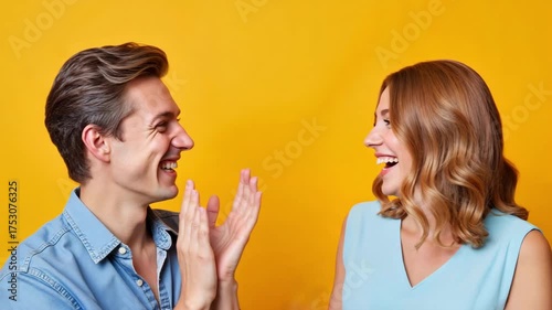 Young couple laughing and clapping hands against yellow background  