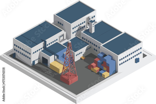 Modern warehouse logistics building with cargo containers, loading dock, and crane in minimalist isometric 3D industrial illustration design concept