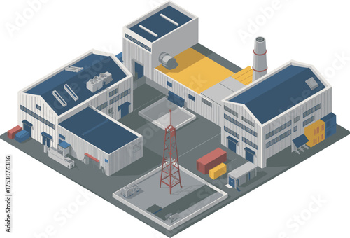 Modern warehouse logistics building with cargo containers, loading dock, and crane in minimalist isometric 3D industrial illustration design concept