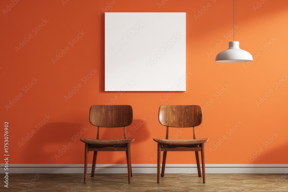 Fototapeta premium Minimalist interior with two wooden chairs a blank white canvas on an orange wall perfect for mockups and presentations