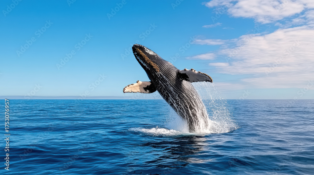 Fototapeta premium Whale breaching dramatically above ocean surface, showcasing its immense size and grace