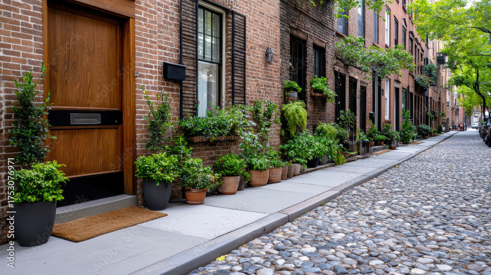 Fototapeta premium Charming urban street featuring old brick townhouses adorned with lush greenery and cobblestone